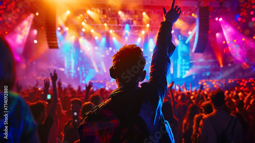 An immersive image of a teenager capturing the essence of a music festival, with the stage lights creating a visually electrifying backdrop, and the crowd of excited fans forming a