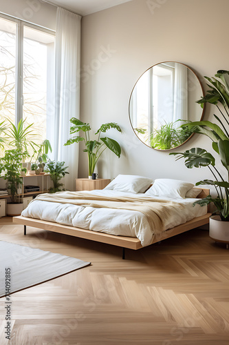 Wallpaper Mural Luxury bedroom with a minimalist and natural concept, with a round mirror above the bed and plants on the side. Created with Generative AI. Torontodigital.ca