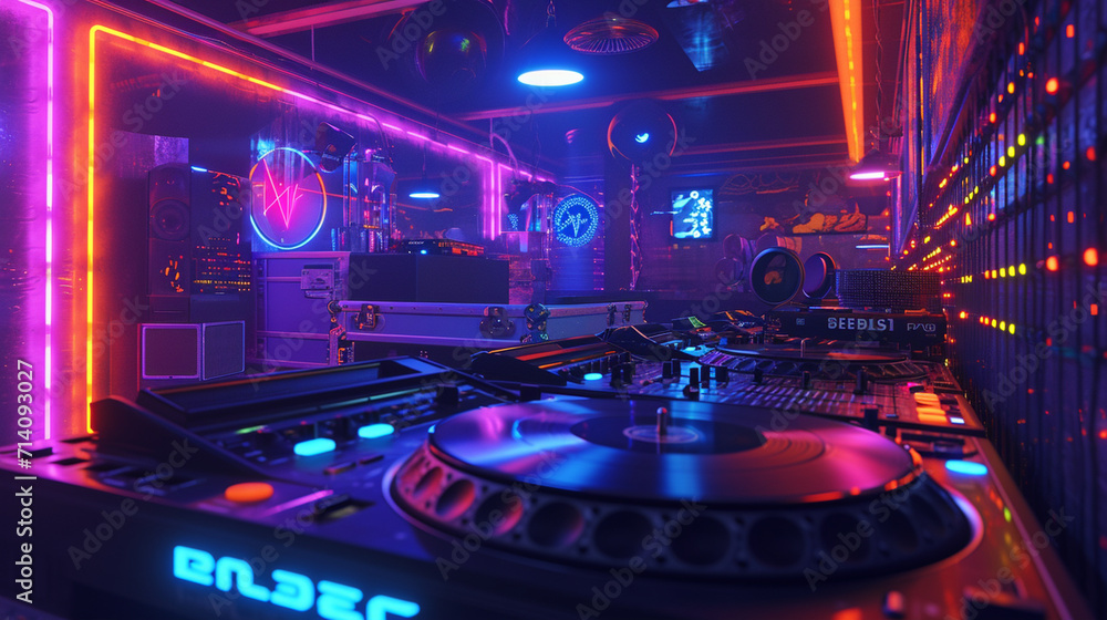 A visually rich composition showcasing a DJ spinning vinyl records in a retro-themed club, with vintage turntables and neon lights casting a nostalgic glow, creating a visually app