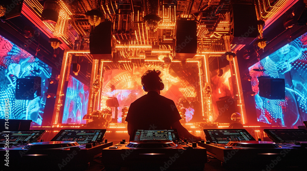 An immersive photograph of a DJ in a sophisticated club environment, surrounded by a state-of-the-art sound system and dynamic LED displays, creating a visually elaborate and moder - obrazy, fototapety, plakaty 