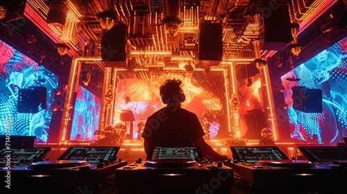 An immersive photograph of a DJ in a sophisticated club environment, surrounded by a state-of-the-art sound system and dynamic LED displays, creating a visually elaborate and moder photo