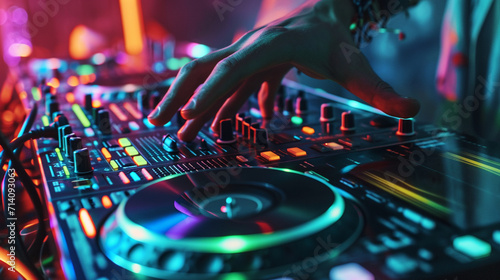 A close-up shot of a DJ's hands in action, manipulating a mixer and turntables, with colorful light trails capturing the dynamic movements, creating a visually detailed and immersi photo