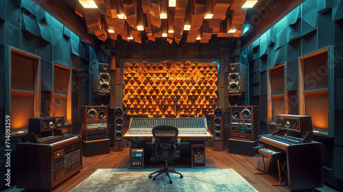A visually stunning composition showcasing a recording studio with acoustic panels resembling an abstract art installation, strategically placed to enhance sound quality and create