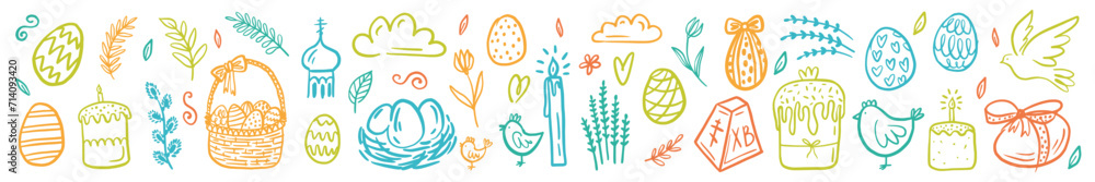 Vector, horizontal pattern of Easter design elements. Eggs, chicken, cakes, willow, candles hand-drawn in the style of a doodle. Vector, horizontal pattern of Easter design elements. Eggs, chicken, cakes, willow, candles hand-drawn in the style of a doodle.