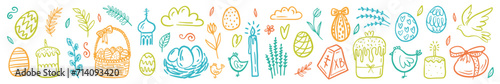 Vector, horizontal pattern of Easter design elements. Eggs, chicken, cakes, willow, candles hand-drawn in the style of a doodle.