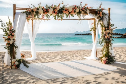 Weeding decoration on a beach with view of sea.