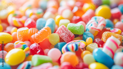 Close-up of a vibrant assortment of colorful candies, featuring a mix of various shapes and flavors. 