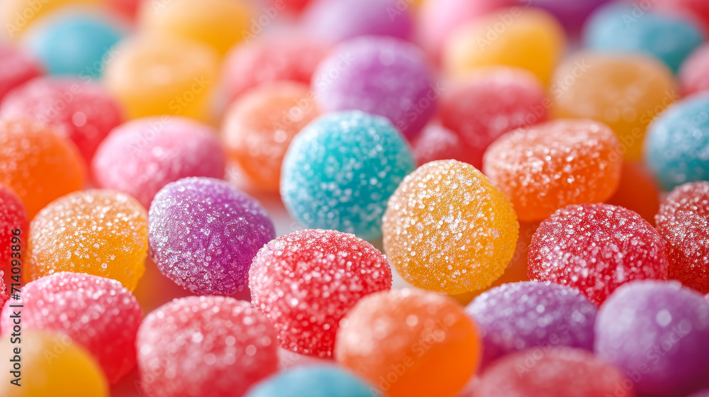 Close-up image capturing the detailed sugar coating on multicolored jelly candies with a sparkling effect.
Close-up image capturing the detailed sugar coating on multicolored jelly candies with a sparkling effect.
