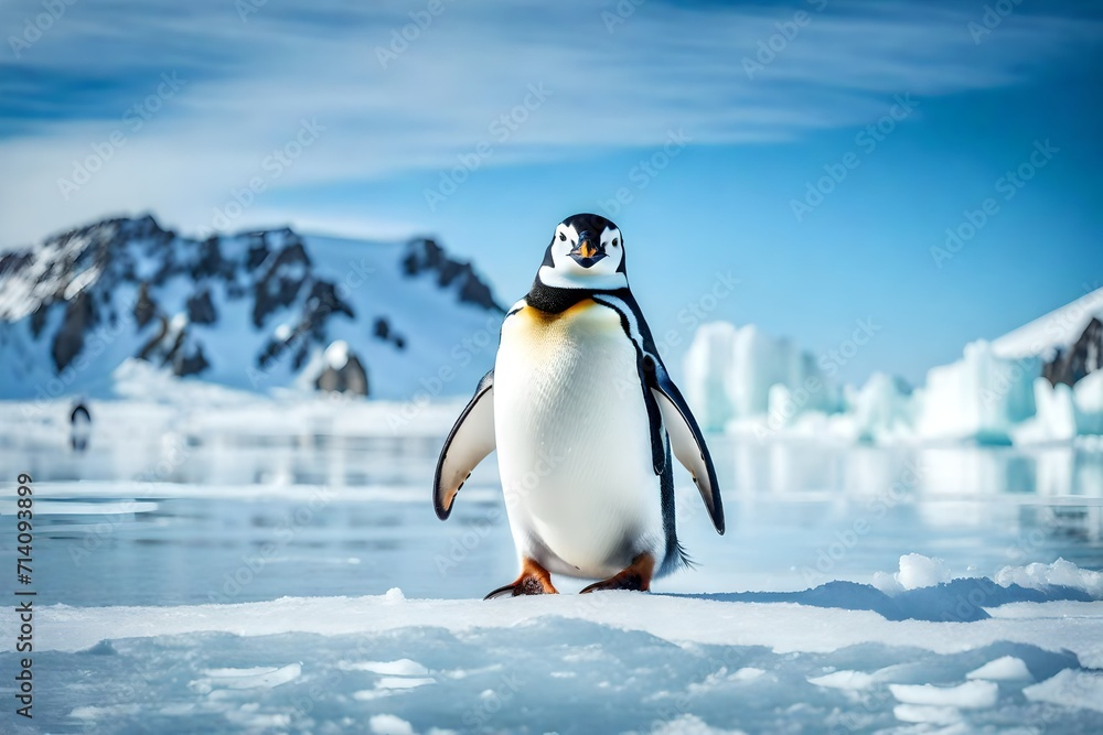 Obraz premium Penguin on snow enjoying the winter season.