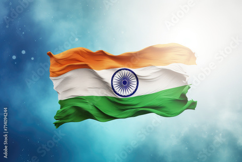 Blue sky background, Waving Flag of India, design for Independence Day. Generative ai