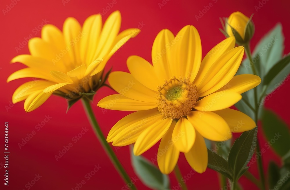 bouquet of yellow flowers on a red background close-up, postcard, holiday concept bouquet of yellow flowers on a red background close-up, postcard, holiday concept