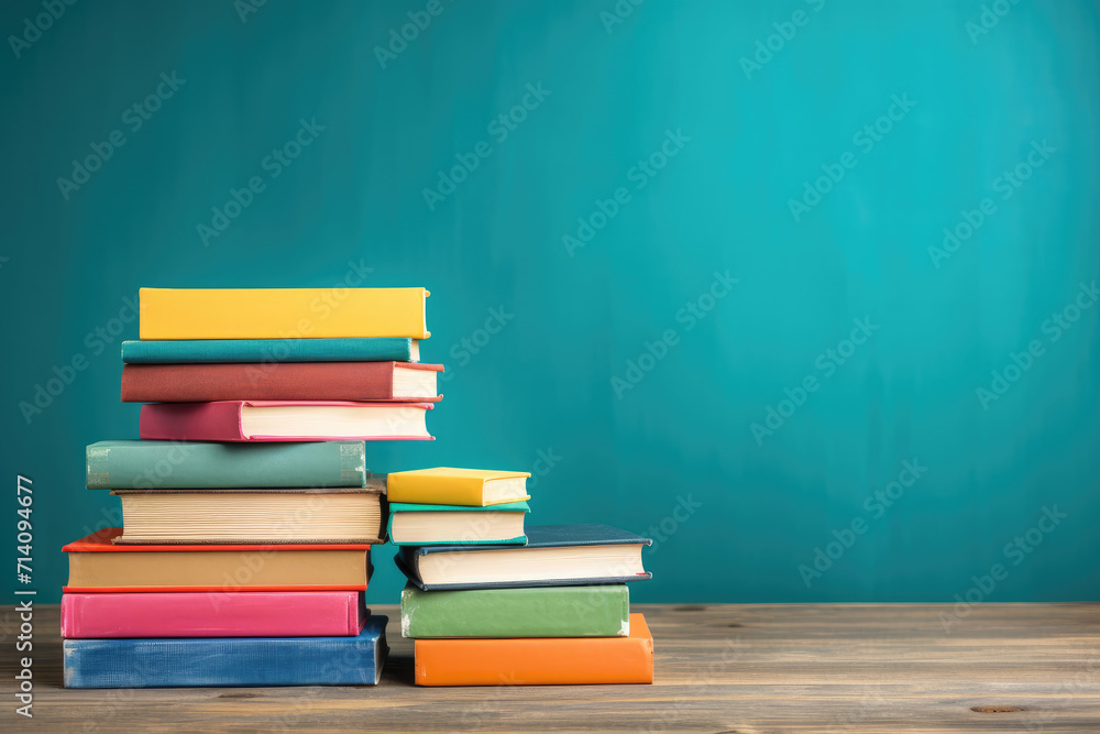Books and notebooks stacked and stacked on wooden table, back to school. Generative ai Books and notebooks stacked and stacked on wooden table, back to school. Generative ai