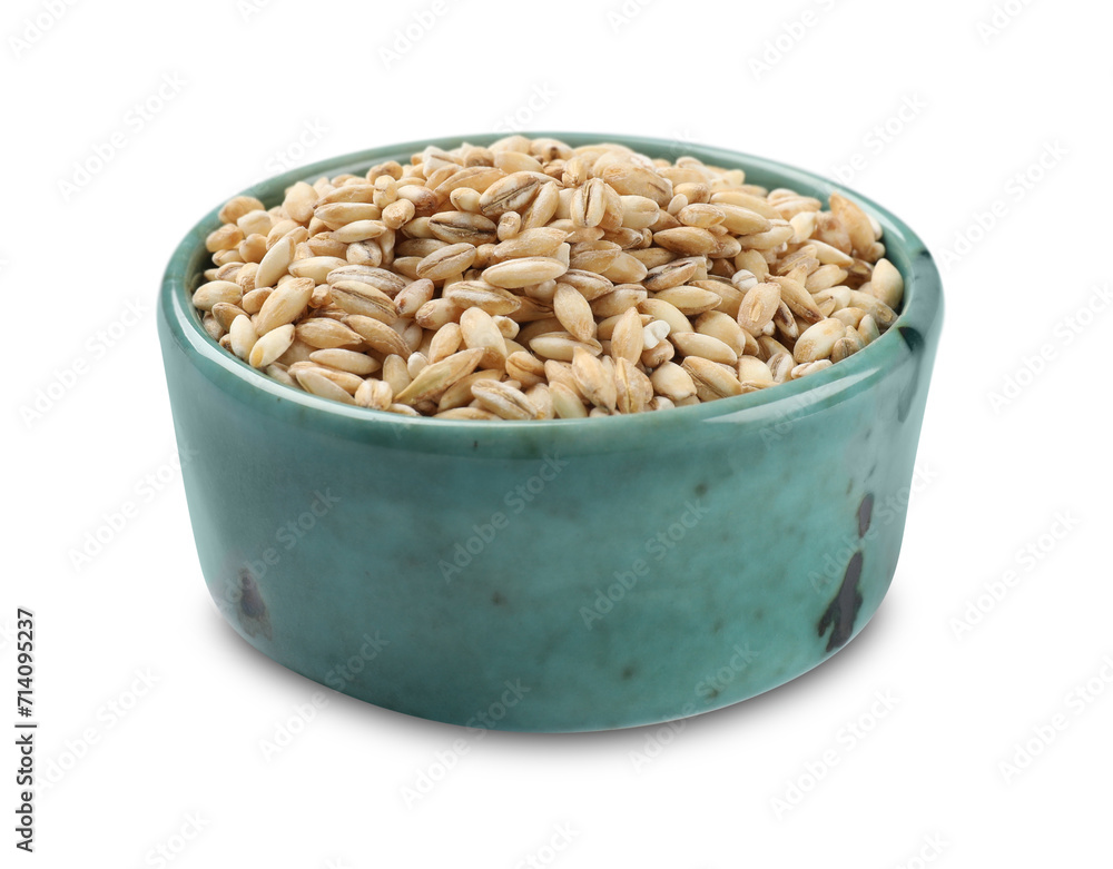 Dry pearl barley in bowl isolated on white Dry pearl barley in bowl isolated on white