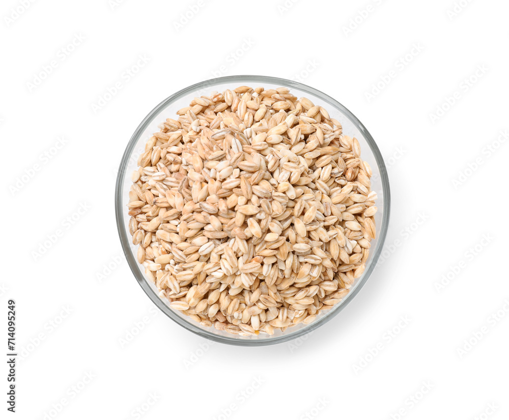 Dry pearl barley in bowl isolated on white, top view Dry pearl barley in bowl isolated on white, top view