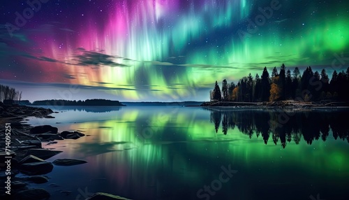 View of night sky with multicolored aurora borealis and snowy mountains peak background. Night glows in vibrant aurora reflection on the lake with forest. 