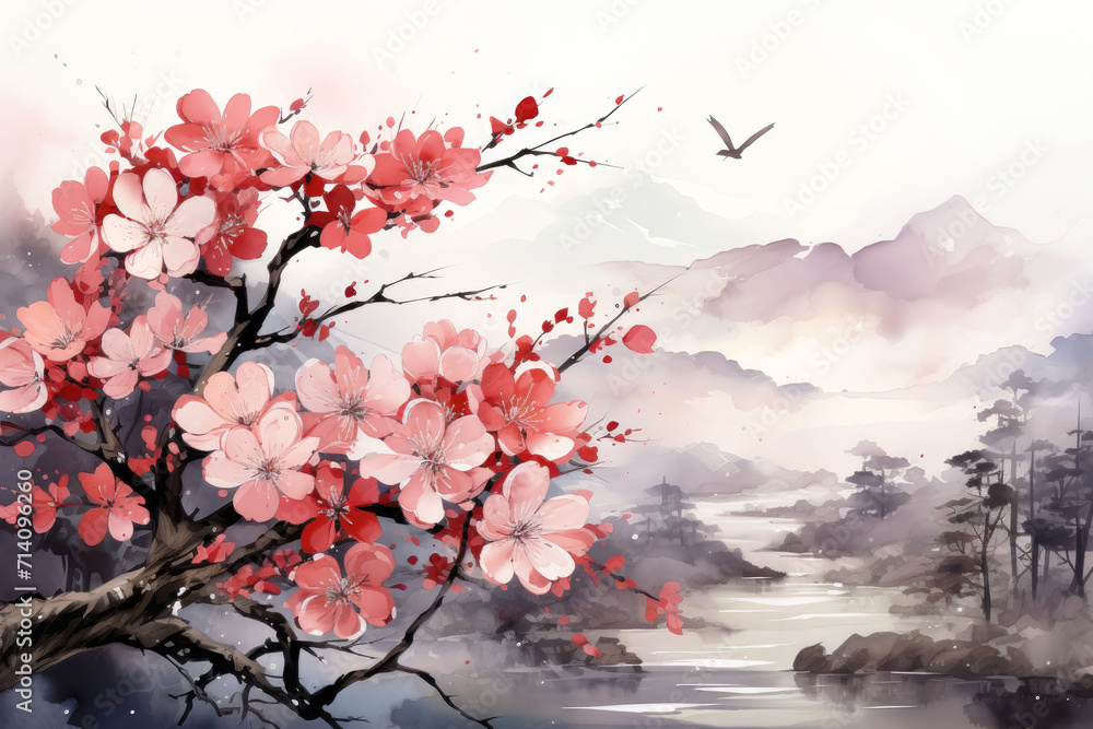 Japanese style, ink painting, art: cherry blossoms, plum tree.
