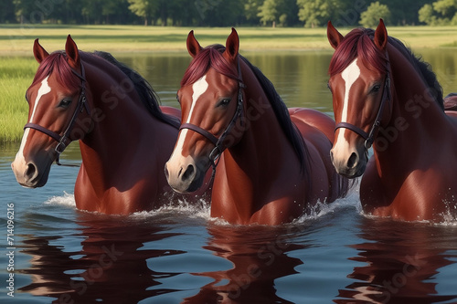 A photo of a beautiful group of horse in water Generative AI