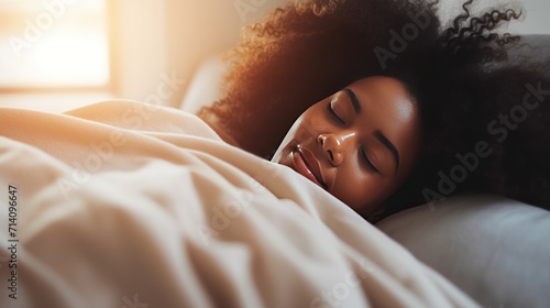 Pretty African-American woman sleeps calmly under blanket on soft bed at home closeup
