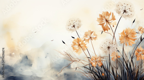 Dry leaf and flower wallpaper, autumn atmosphere dandelion in the grass beige background. Watercolor, ink painting. Copy space.