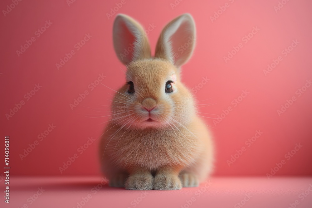 Cute ginger rabbit sitting on a pink table against pink background. Postcard concept