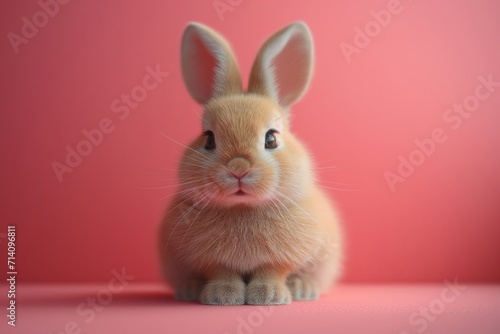 Cute ginger rabbit sitting on a pink table against pink background. Postcard concept © Darya Lavinskaya