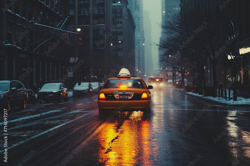a taxi on empty street dark weather,dim lights a taxi on empty street dark weather,dim lights