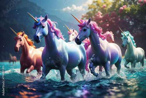 A photo of a beautiful group of Unicorn in water Generative AI photo