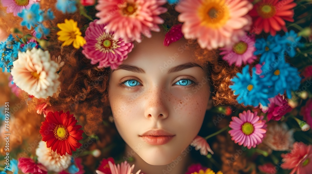 beautiful girl with flowers on her head. flower head woman. women's day, purity of woman and nature girl concept beautiful girl with flowers on her head. flower head woman. women's day, purity of woman and nature girl concept