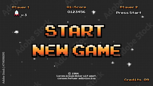 Start new game .pixel art .8 bit game.retro game. for game assets in vector illustrations.	