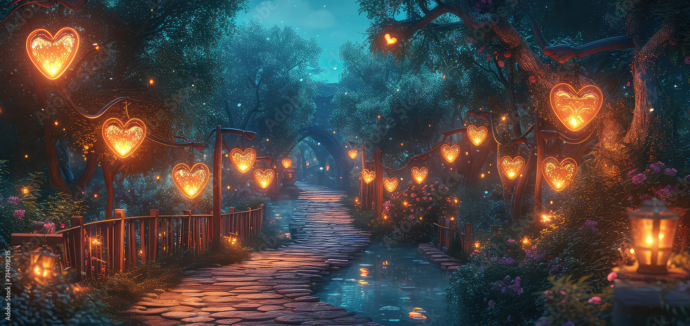 Glowing Love Lanterns Path - Design an illustration of a magical path lined with glowing lanterns shaped like hearts, leading to a secluded and romantic destination