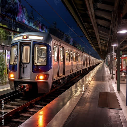 Train leaving the station at night