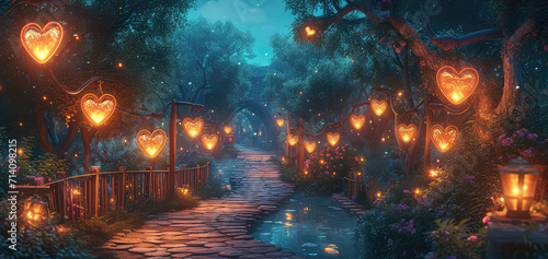 Glowing Love Lanterns Path - Design an illustration of a magical path lined with glowing lanterns shaped like hearts  leading to a secluded and romantic destination