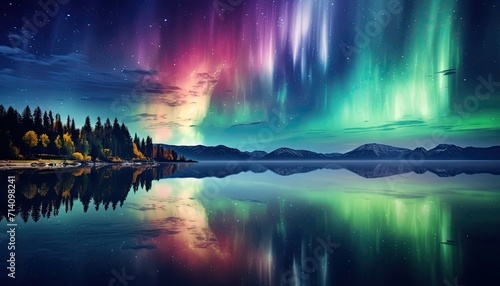 View of night sky with multicolored aurora borealis and snowy mountains peak background. Night glows in vibrant aurora reflection on the lake with forest. 