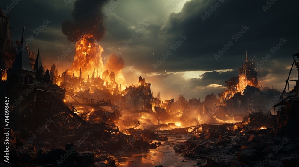 Apocalyptic scene of city on fire. Bombing of the city. War concept.