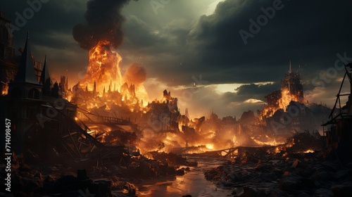 Apocalyptic scene of city on fire. Bombing of the city. War concept.