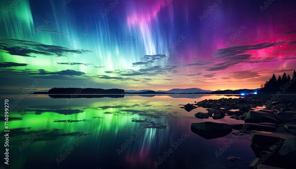 View of night sky with multicolored aurora borealis and snowy mountains peak background. Night glows in vibrant aurora reflection on the lake with forest. 