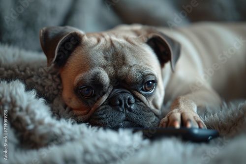 Funny dreamy pug with sad facial expression lying on the grey textile couch. Close up, copy space, background