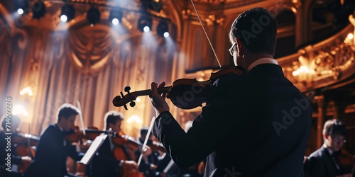 Cinematic shot of Conductor leading Symphony Orchestra with Performers playing Violins, Cello, and Trumpet on Traditional Theatre with Curtain Stage during Musical Performance.