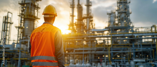 Silhouette of a safety officer standing against the backdrop of a glowing refinery at sunset, inspecting the site.
