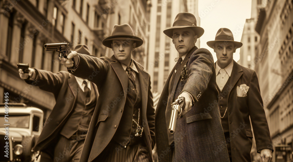 A group of 1920s armed gangsters on the street