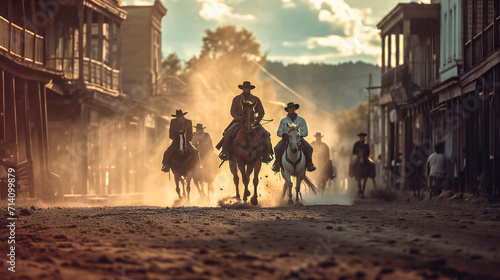 Cowboys riding in an old wild west town