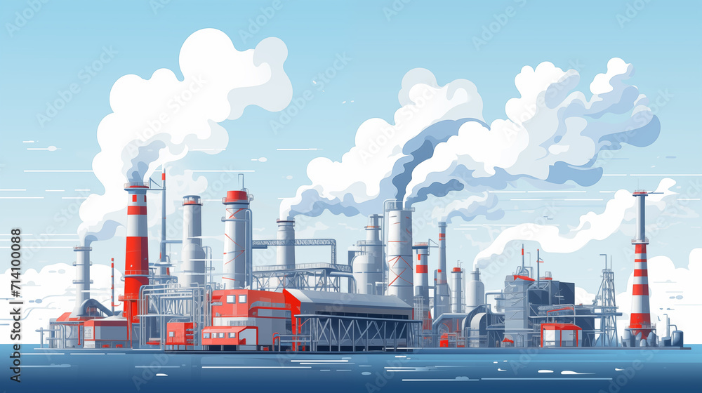Nuclear power generation plant Factory concept, highly polluting factory with smoke tower and gas pipeline.