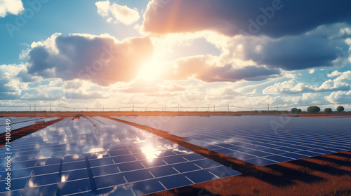 Solar panels at sunset - renewable energy With sky background, eco technology, photovoltaic farm, concept of sustainable resources and renewable energy, vector