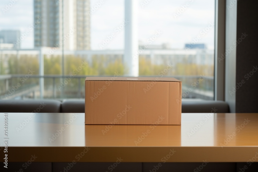 Large moving box on the desktop table in the office, without people. Concept of closing a business office, leaving a job Large moving box on the desktop table in the office, without people. Concept of closing a business office, leaving a job