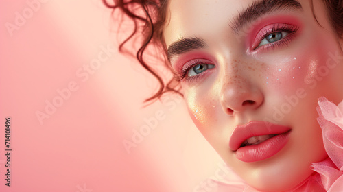detailed close-up portrait of a young woman with striking pink makeup and curly hair against a vividly colored background