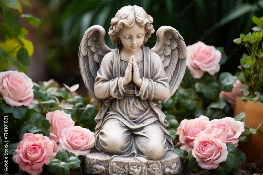 Small angel monument holding hands in prayer gesture among roses