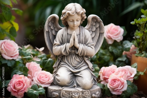 Small angel monument holding hands in prayer gesture among roses © Sunny