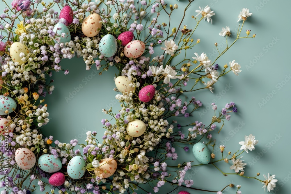Handmade easter wreath with colored eggs and spring flowers Handmade easter wreath with colored eggs and spring flowers