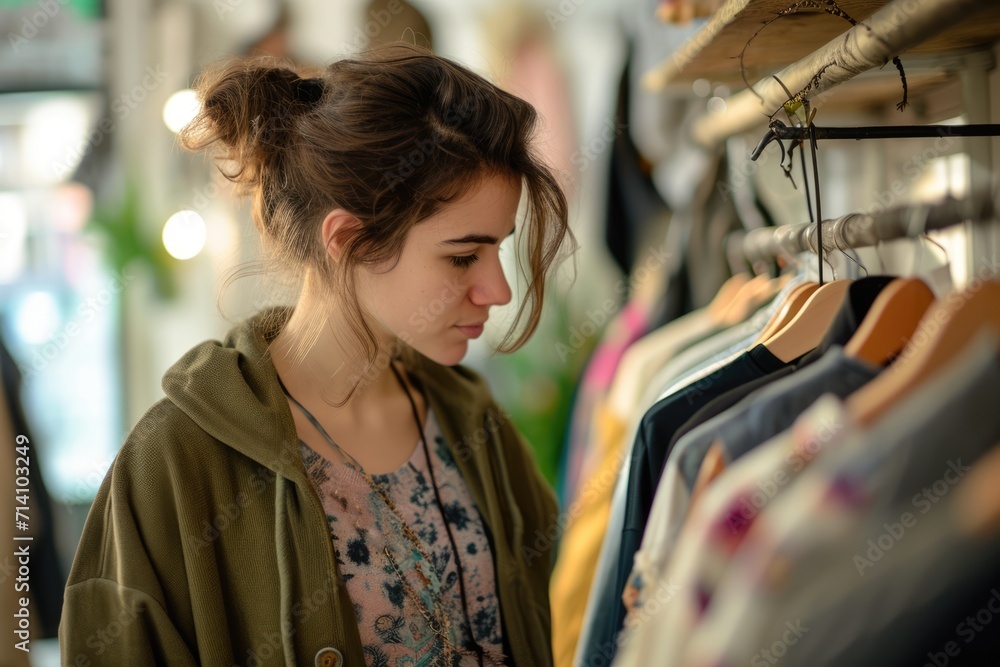 A thoughtful young woman carefully selecting from an assortment of second-hand clothing in a well-lit thrift store environment.. A thoughtful young woman carefully selecting from an assortment of second-hand clothing in a well-lit thrift store environment..