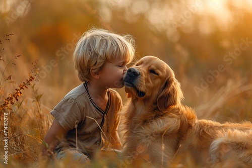 A Little boy kisses the dog in the field in summer day. Friendship, Kid with dog